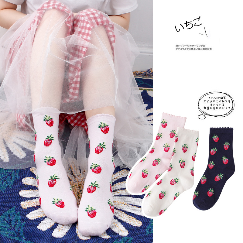 Women Socks Strawberry Letter Print Cute Sock Japan Style Pink White Cotton Long Socks for Women Harajuku Hip Hop Skateboard Sox