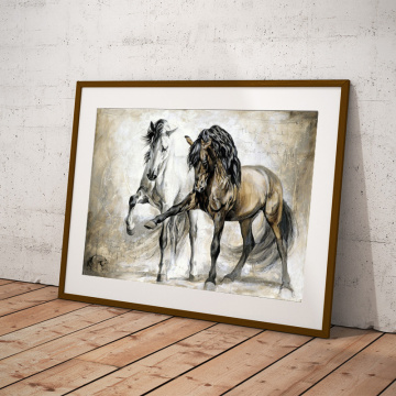 Wall Art Posters Animal Oil Painting On Canvas Wall Pictures Retro Nostalgia Two Brown Horses Dancing for Living Room Unframed