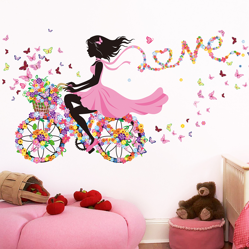 [SHIJUEHEZI] Cartoon Fairy Girl Wall Stickers DIY Butterflies Flowers Mural Decals for House Kids Room Baby Bedroom Decoration
