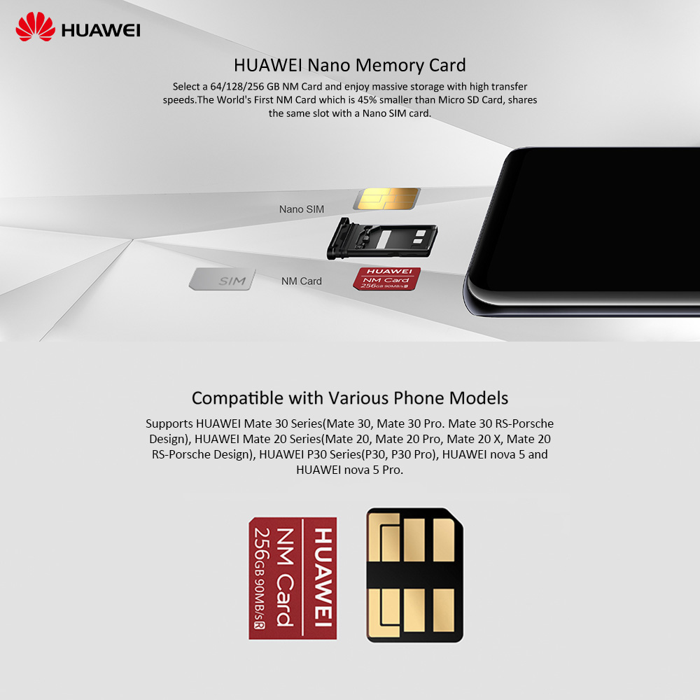 Huawei Nano Memory Card 64GB/128GB/256GB 90MB/s NM Card for Mate 30 Pro Mate 30 RS P30 Pro P30 Mate 20 Pro 20 X RS Nova 5 Pro