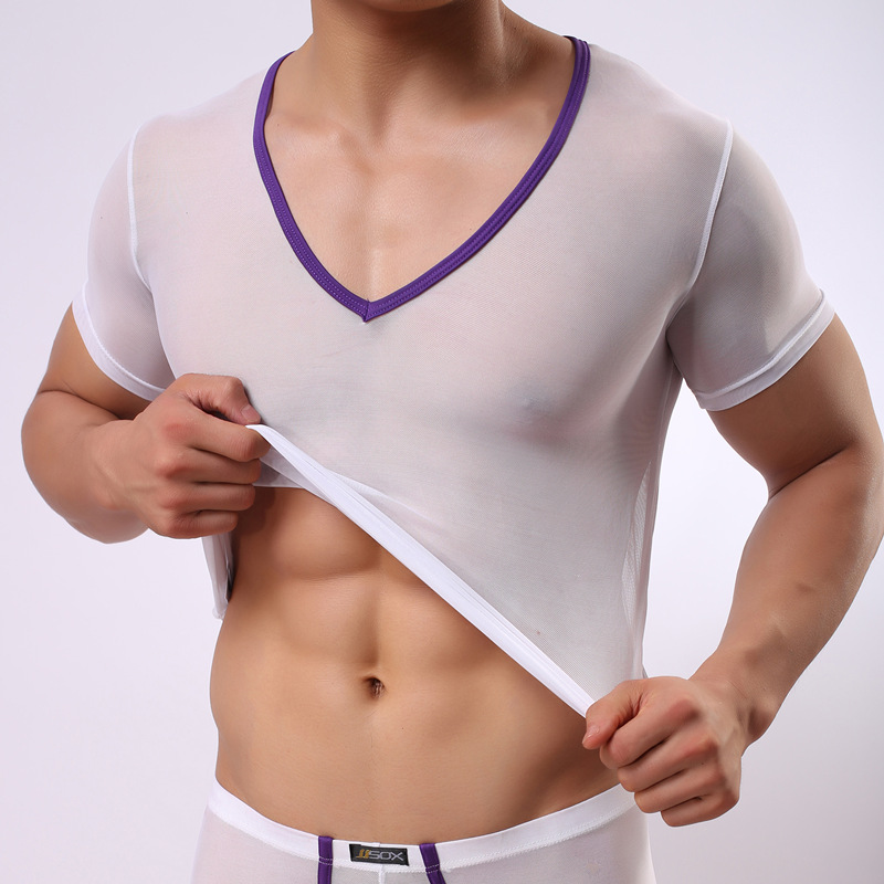 Sexy Men's T-shirt Gauze Mesh Man t shirts Transparent Breathable Quick Dry Undershirt Brand Underwear Dropshipping