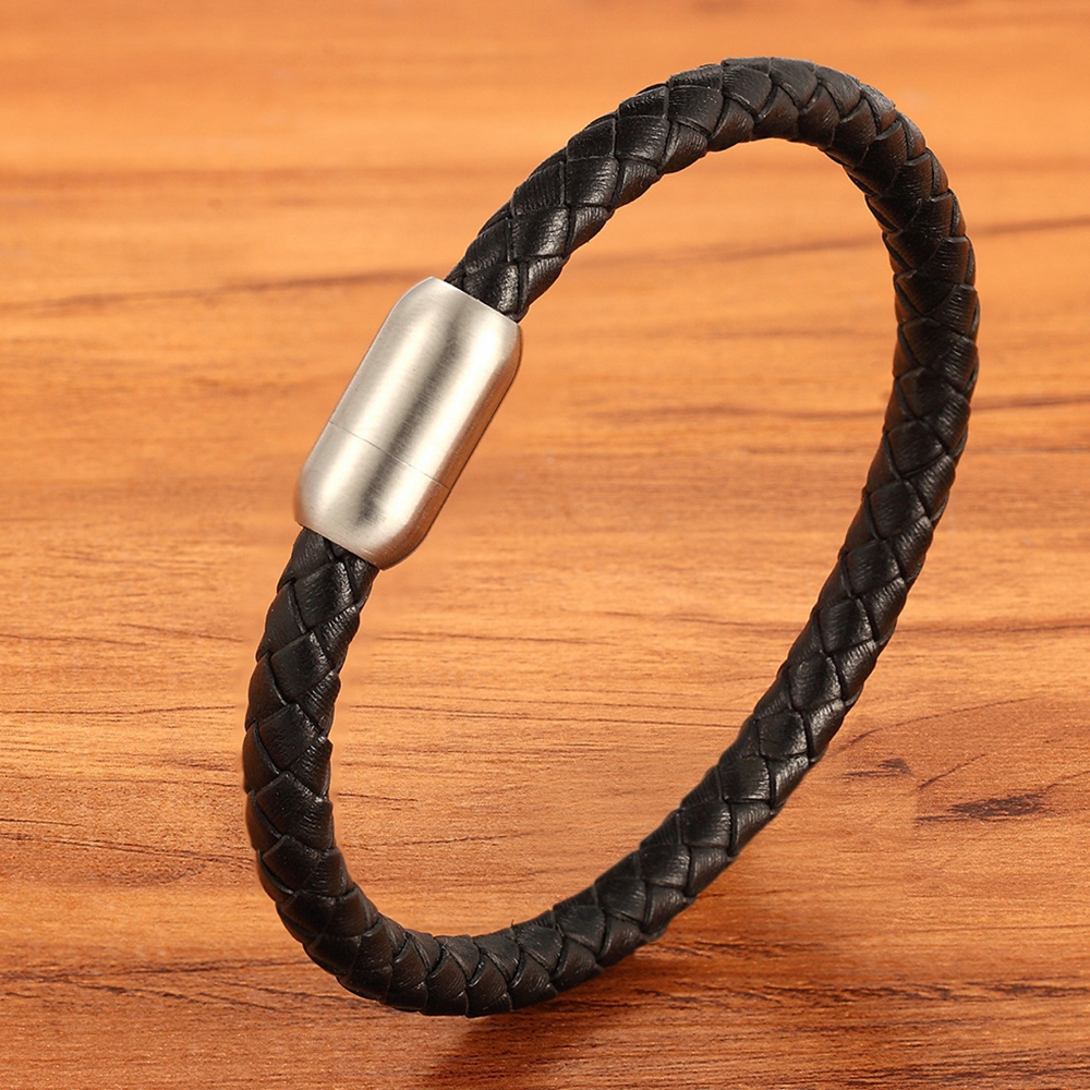 Fashion Simple Style Stainless Steel Men's Leather Bracelet Multi-color Black Leather Bangle For Boys Handsome Birthday Gift