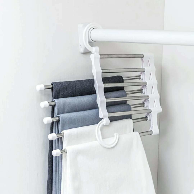 ABS Stainless Steel Clothes Hanger Storage Rack Multifunction Dual Hooks 5 Tier Pants Trousers Hanger Rack Save Space Organizer