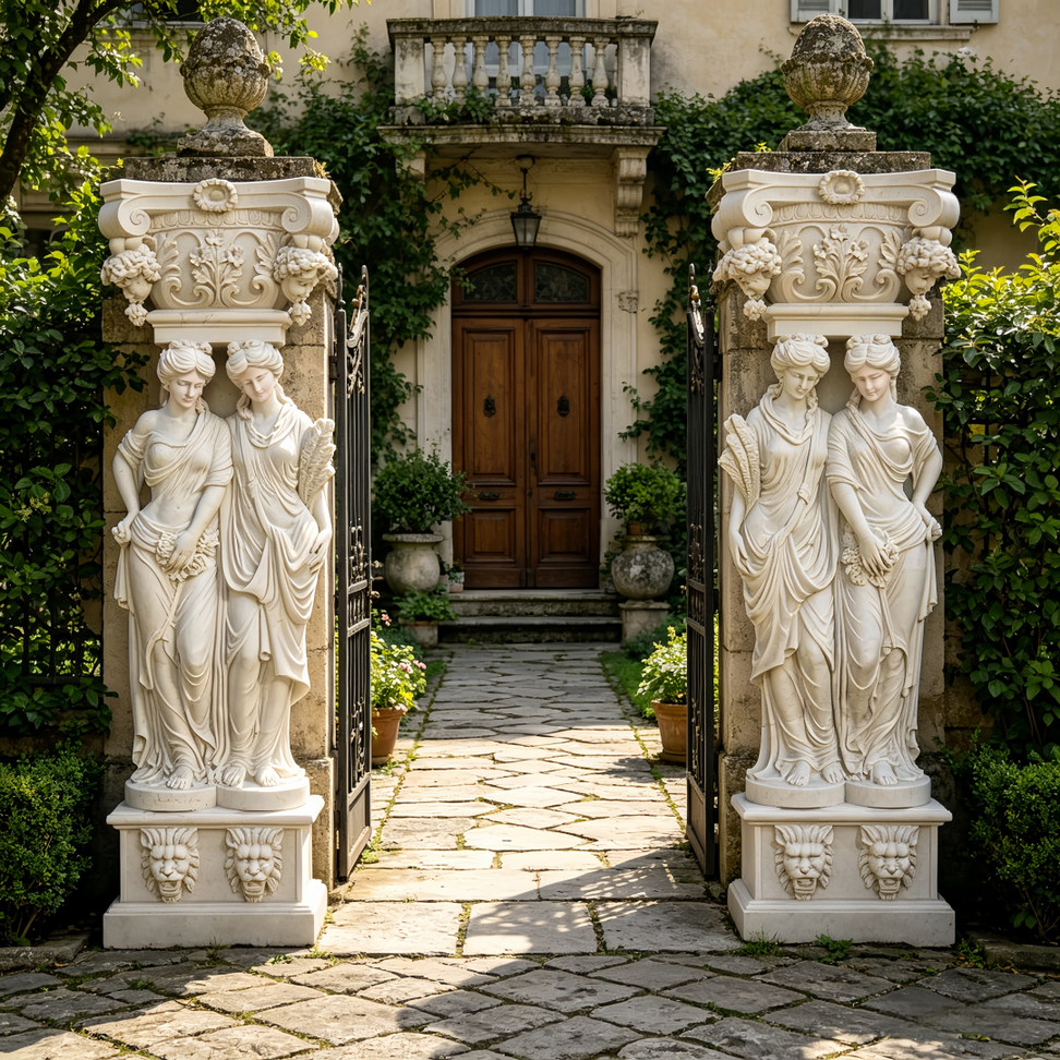 Grand-Entrance-Marble-Statues-Flanking-Wooden-Doorway