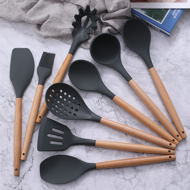 Silicone Cooking Utensils Set Non-stick Spatula Shovel Wooden Handle Cooking Tools Set Kitchen Tools Food Grade Material