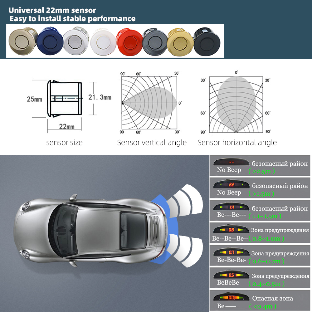 Hippcron Car LED Parking Sensor Kit 4 Sensors 22mm Backlight Display Reverse Backup Radar Monitor System 12V 8 Colors