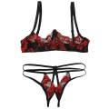 Erotic Womens Embroidery Lace Lingerie Set Sexy Cupless Bare Bra with Open Crotch String Panties Lenceria Micro Bikini Underwear