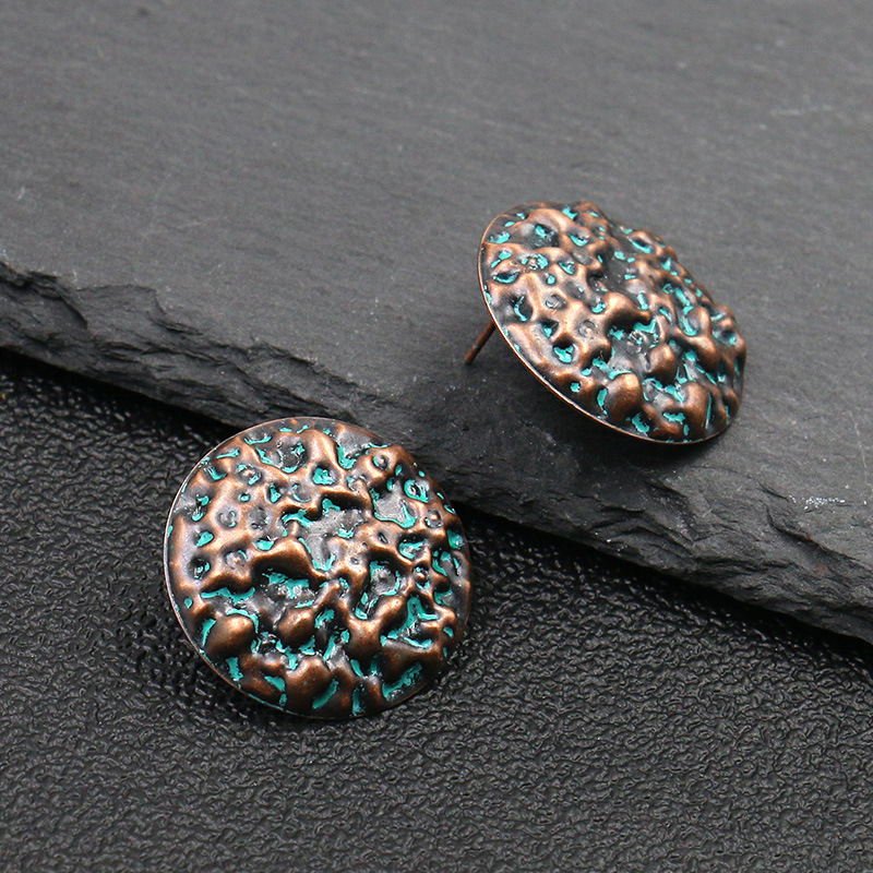 Verdigris Patina Retro Green Hammered Round Stud Earring Bohemian Ethnic Ancient Copper Greek Vintage Women Jewelry