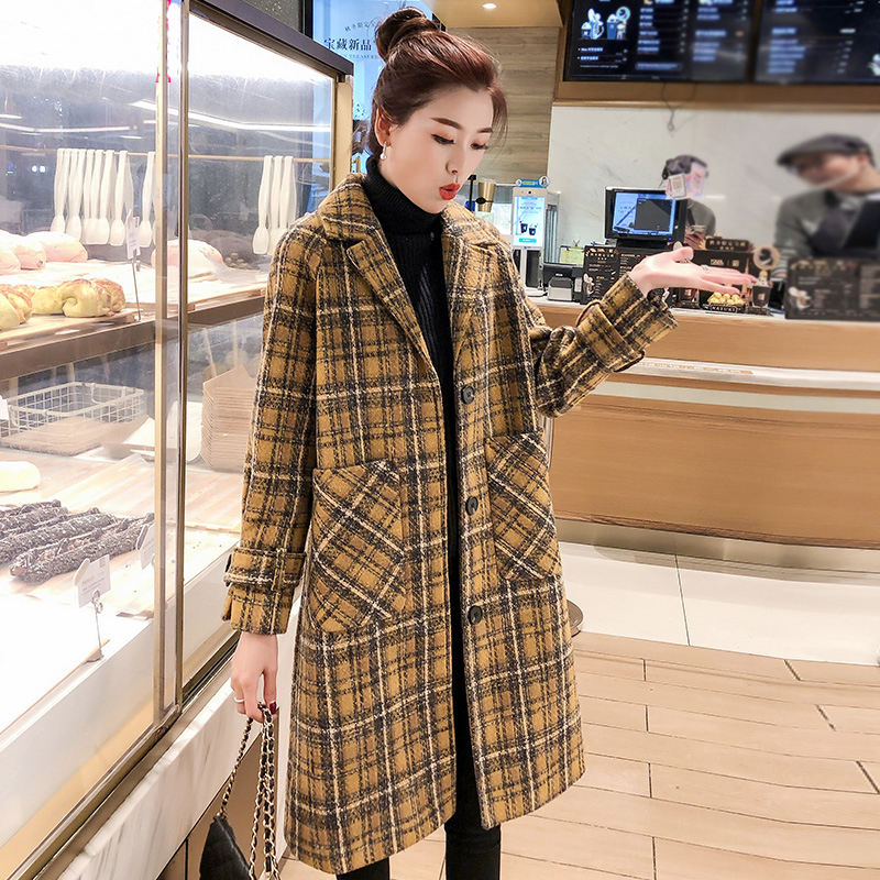 2020 Autumn Winter Women Warm Wool Coat Elegant Plaid Single Breasted Blends Outwear Female Big Pocket Loose Mid-long Coat