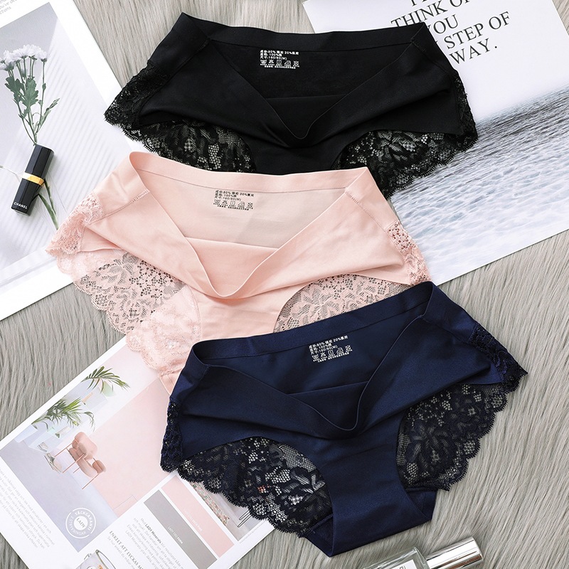 Sexy Lace Panties Seamless Underwear Briefs Nylon Silk for Girls Ladies Solid Color Woman Nylon Low Rise Lingerie Underwear