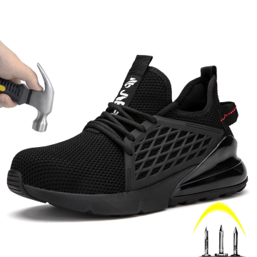 Men's Tennis Safety Shoes Black Air Cushion Cushioning Steel Toe Construction Anti-Puncture Work Shoes Indestructible Boots