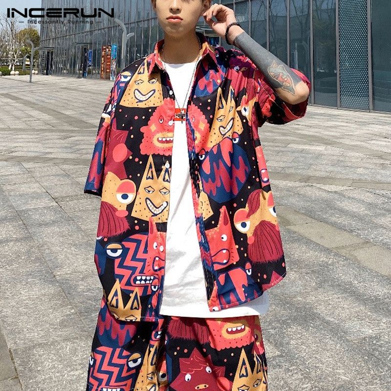 INCERUN Fashion Men Hawaiian Sets Printed Loose 2020 Short Sleeve Lapel Shirt & Shorts Streetwear Summer Casual Chic Men's Suits