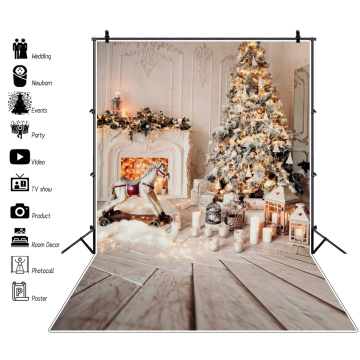 Gray Chic Wall Fireplace Christmas Tree Wood Floor Gift Candle Family Shoot Photocall Child Baby Photo Background Photo Backdrop