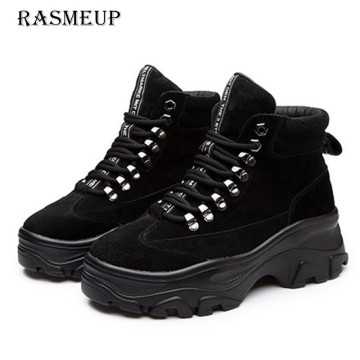 RASMEUP Plus Size Genuine Leather Women's Boots Winter Plush Warm Ankle Boots For Women 2020 Fashion Platform Woman Shoes
