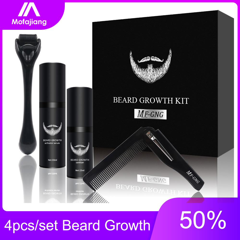 4 Pcs/set Barbe Beard Growth Kit Hair Growth Enhancer Set Essentital Oil Facial Beard Care Brush Set Product Best Gift for Men