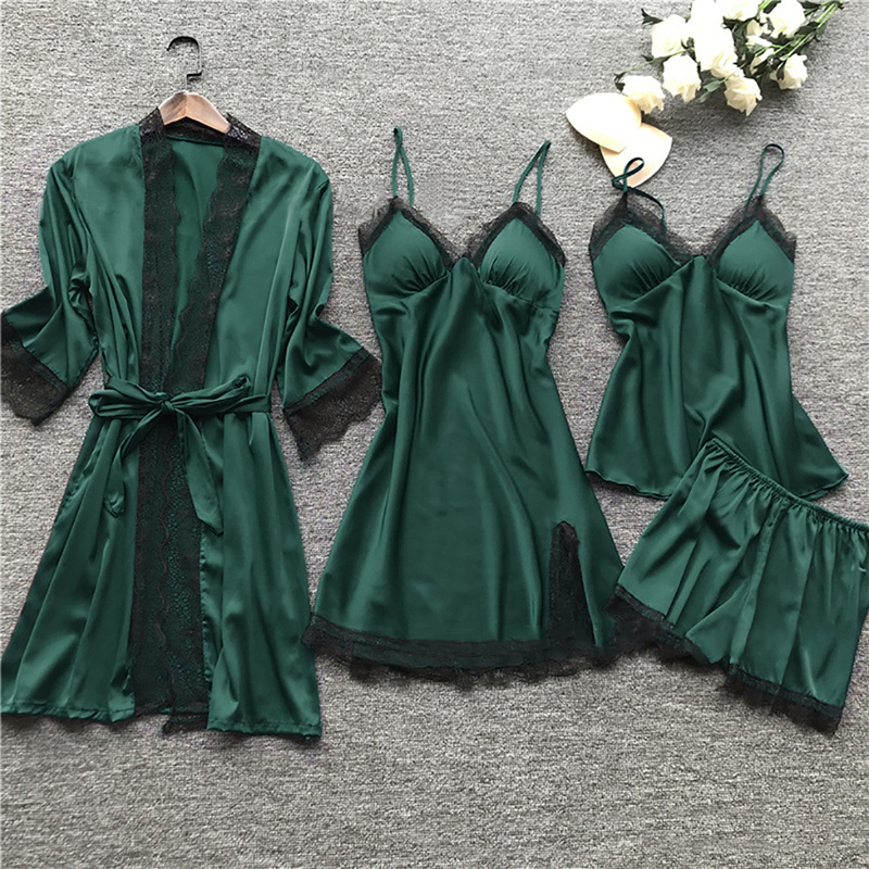 Women Lace Silk Satin Pajamas Sets Sleepwear 4 Pieces Nightwear Pyjama Spaghetti Strap Sleep Lounge Pijama Home Wear 2020