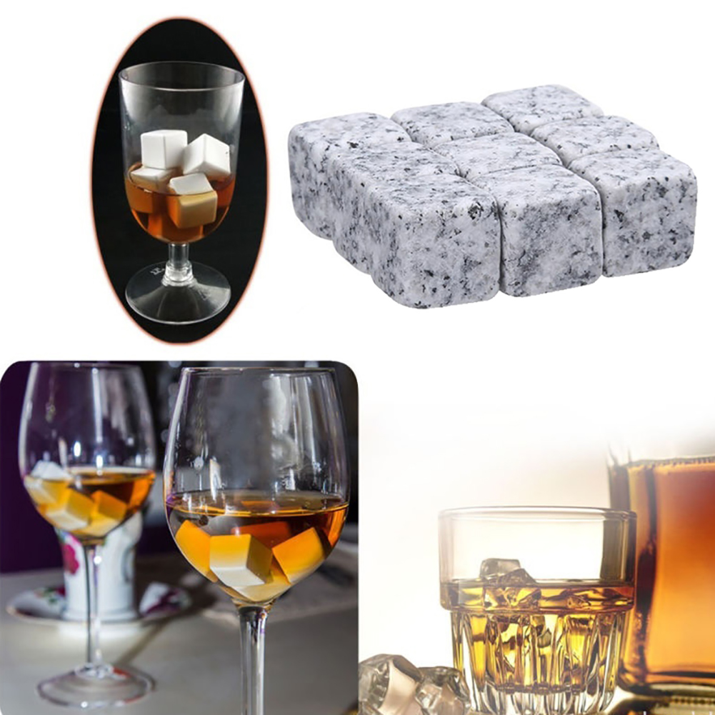 9Pcs Reusable Whiskey Stones Chillers Wine Drinks Cooler Ice Cubes Granite Rocks