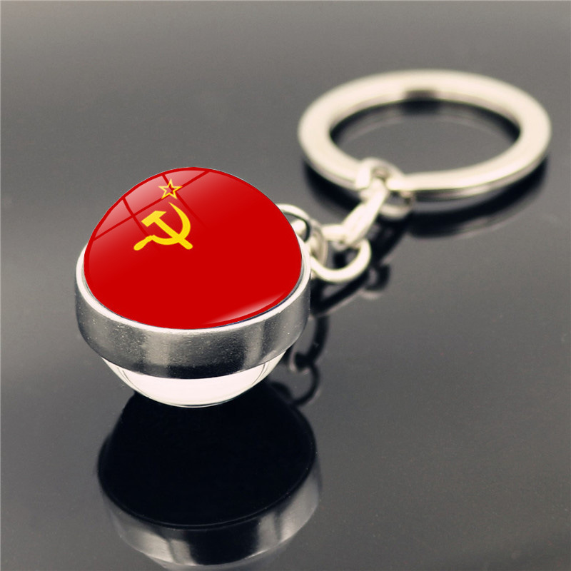 USSR Soviet Badges Sickle Hammer Glass Ball Keychain CCCP Russia Emblem Communism Sign Top Grade Silver Color Key Chain Gift