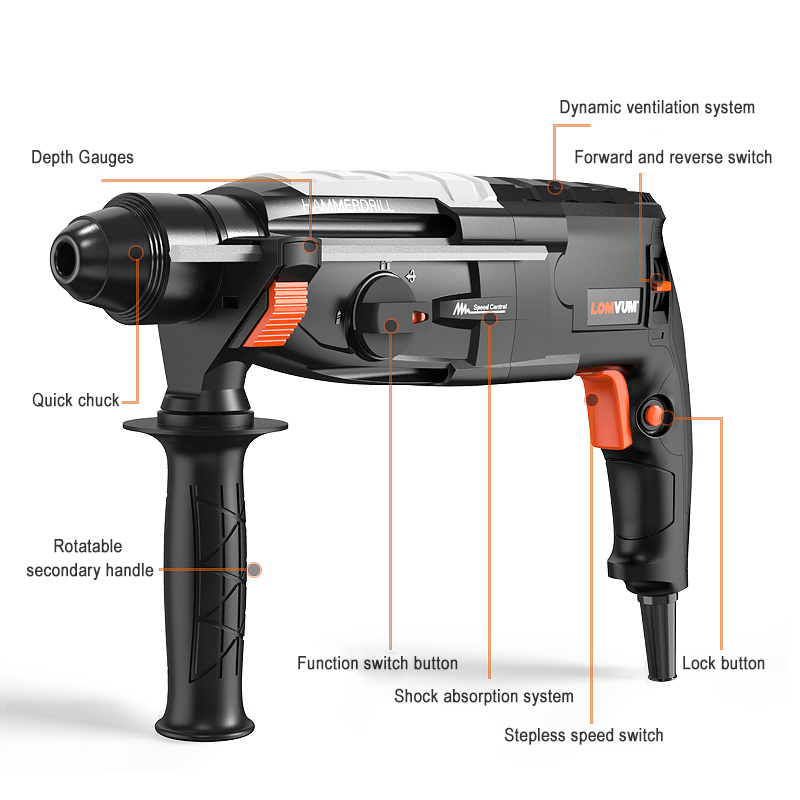 LOMVUM Electric Hammer Impact Drill Electric Pick Drill High Power Multifunctional Household Concrete Tools