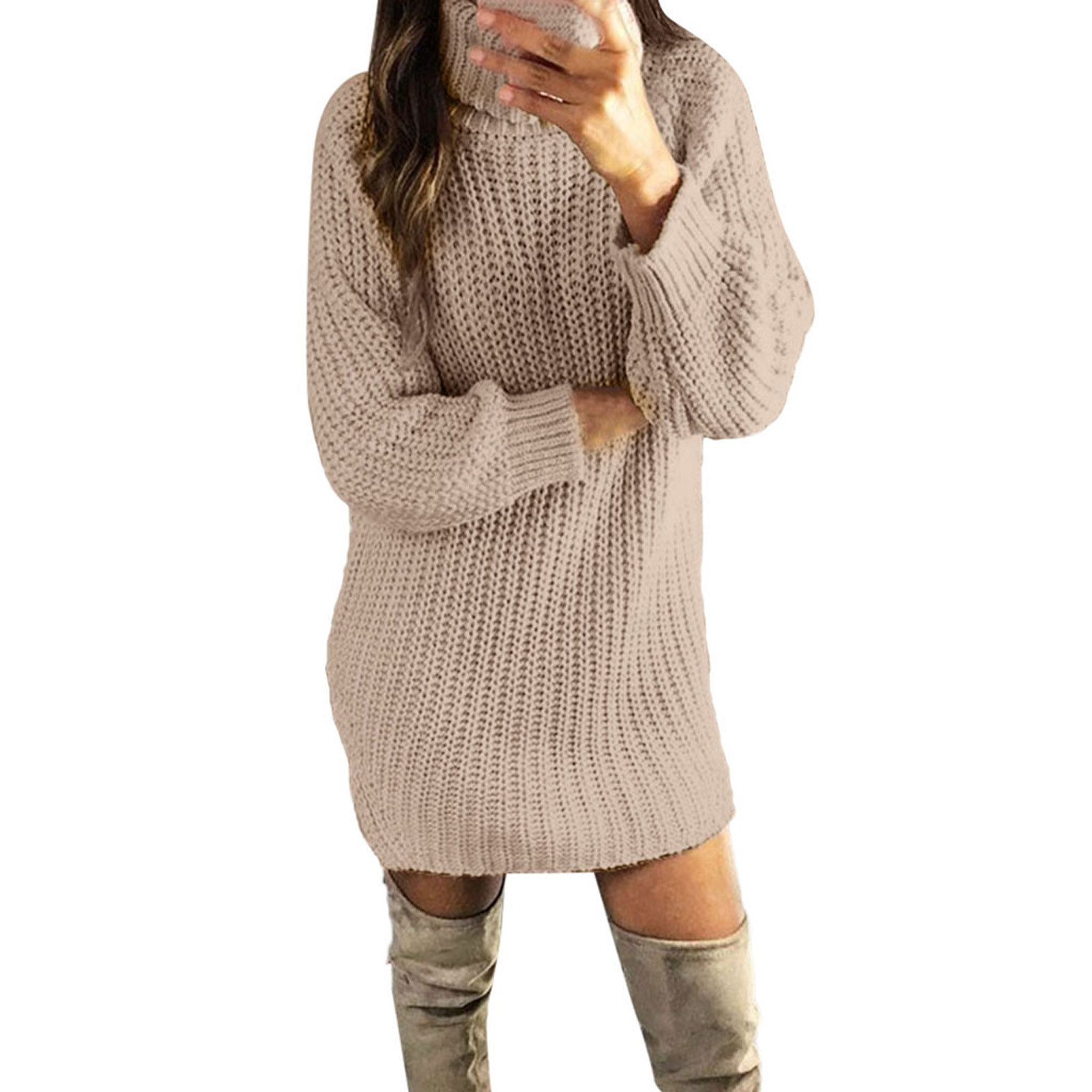 Dresses For Women Fashion Women Solid Turtle Neck Winter Autume Warm Knit Sweater Long Top Dress Ropa Mujer American Clothing