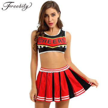 2Pcs Women Adults Cheerleader Uniforms U Neck Sleeveless Lace Trimmed Vest Crop Top + Pleated Skirt Cheerleading Costumes Outfit