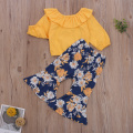 Infant Baby Girl Long-sleeved Trousers Suit Floral T-shirt and Suspender Pants, Ruffles T-shirt and Floral Trumpet Pants 6M-4T