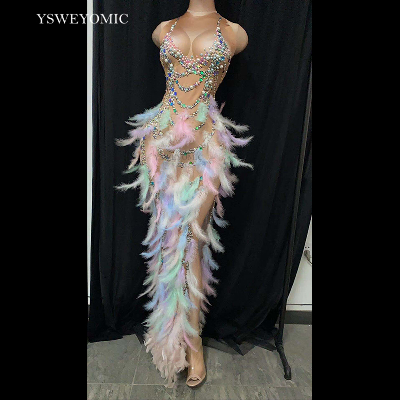 Stage Performance Outfit Feather Rhinestone Dress Nightclub Party Celebration Women Elastic Sleeveless High Slit Prom Dress