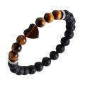Natural Black Lava Stone Heart with 8MM Round Gemstone Stretch Elastic Bracelet for Men Women Crystal Round Beads Bracelet