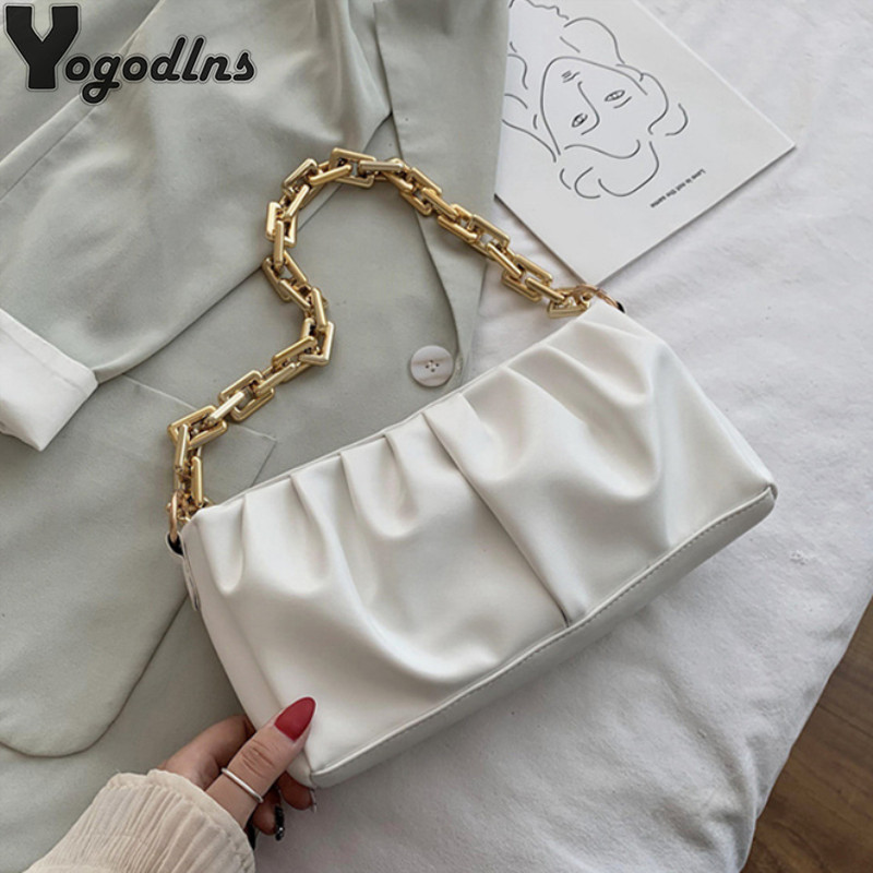 Fashion Chains Shoulder Bag For Women Pleated Cloud Bags Soft PU Baguette Bag Solid Color Handle Bag Female Shopping Small Totes