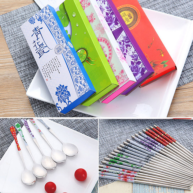 1 set Stainless Steel Spoon and Chopsticks Korean Sushi ChopSticks Learner Gifts Set 5 Patten Cookware Tableware Kit