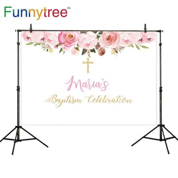 Funnytree Floral Background Baptism Baby Shower Cross Children Backdrop Photocall Photozone Photobooth Decoration Banner Frame