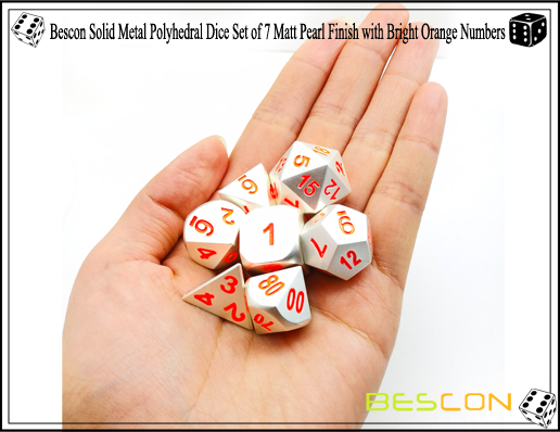 Bescon Solid Metal Polyhedral Dice Set of 7 Matt Pearl Finish with Bright Orange Numbers-6