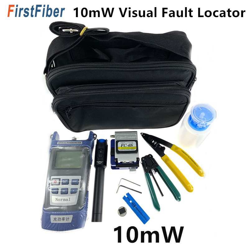 FTTH Fiber Optic Tool Kit with FC-6S Fiber Cleaver and Optical Power Meter 10km/10mW Visual Fault Locator Wire stripper