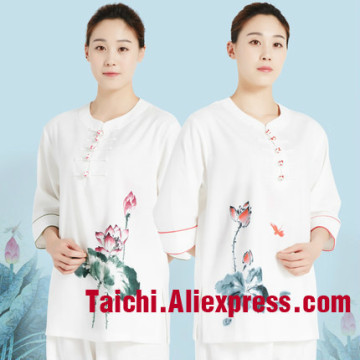 Linen Tai Chi Uniform Hand-painted Women Short Sleeve Chinese Traditional Tai Chi Uniforms Kung Fu Clothing Martial Art Wear