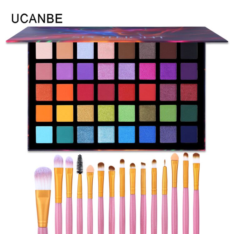 UCANBE Spotlight Eyeshadow Palette with 15pcs Makeup Brushes Dazzling Sparkle Eye Shadow Metallic Pigmented Powder Makeup Set