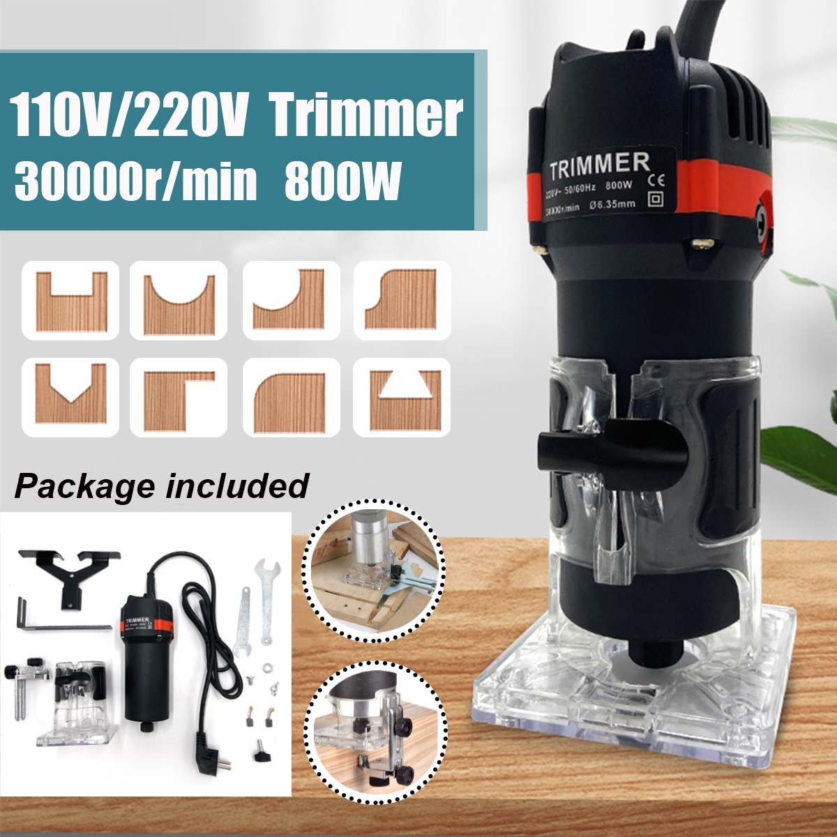 EU US Plug 800W 30000RPM Woodworking Electric Trimmer Wood Milling Engraving Carving Slotting Trimming Machine Wood Router