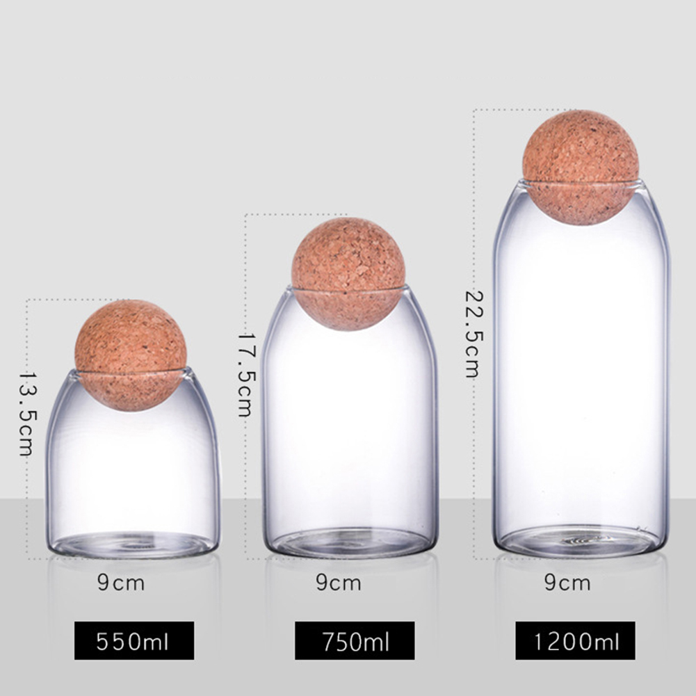550/750/1200ml Clear Glass Bottle with Cork Stopper Kitchen Bean Sugar Tea Sealed Can Glass Storage Bottle Glass Jar Container