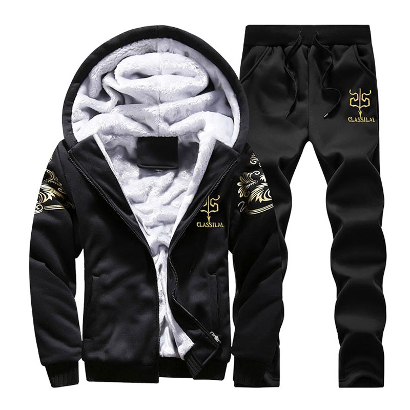 Winter Tracksuit Mens Warm Jacket+Pant Set Fleece Hooded Thicken Sweatershirt Causal Tracksuits Men Fashion Print Track Suit