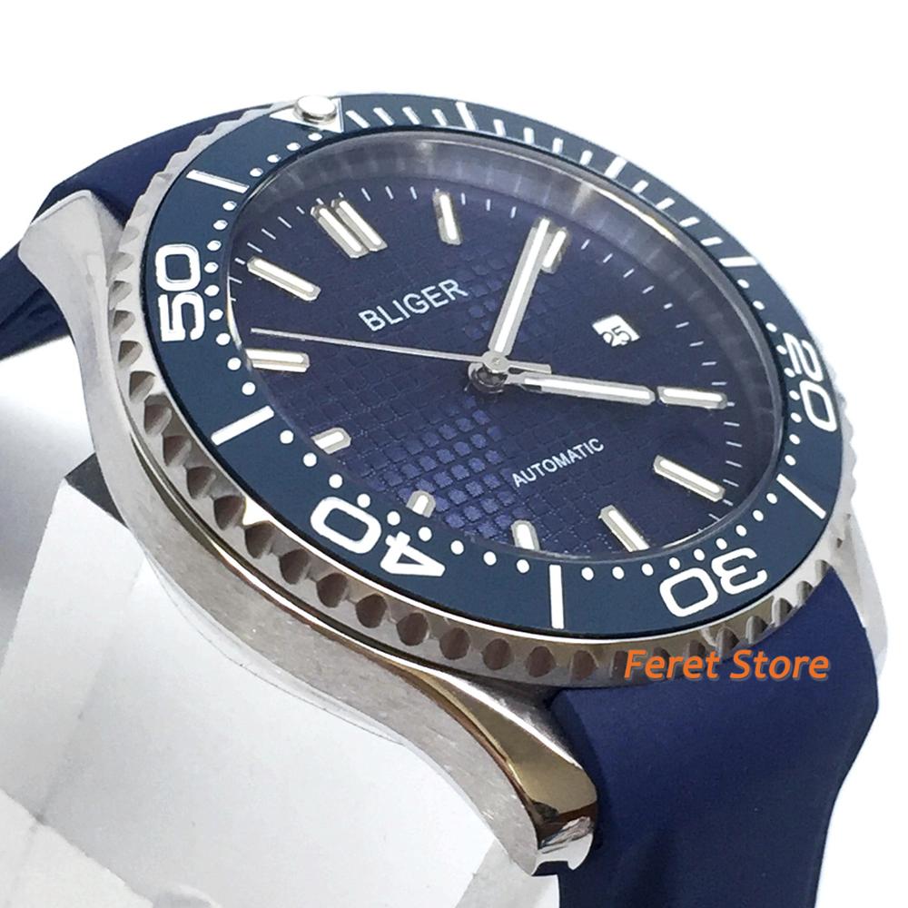 Bliger new 41mm Rubber tape luxury mens watch blue dial sapphire crystal blue Ceramic Spin Bezel Automatic mechanical watches