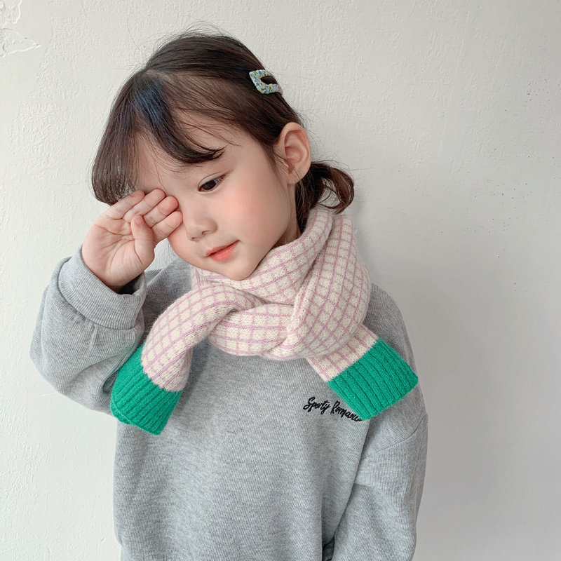 Korean Style New Winter Kid Knitted Wool Plaid Scarves Thicken Warm Children Shawl Patchwork Neckerchief