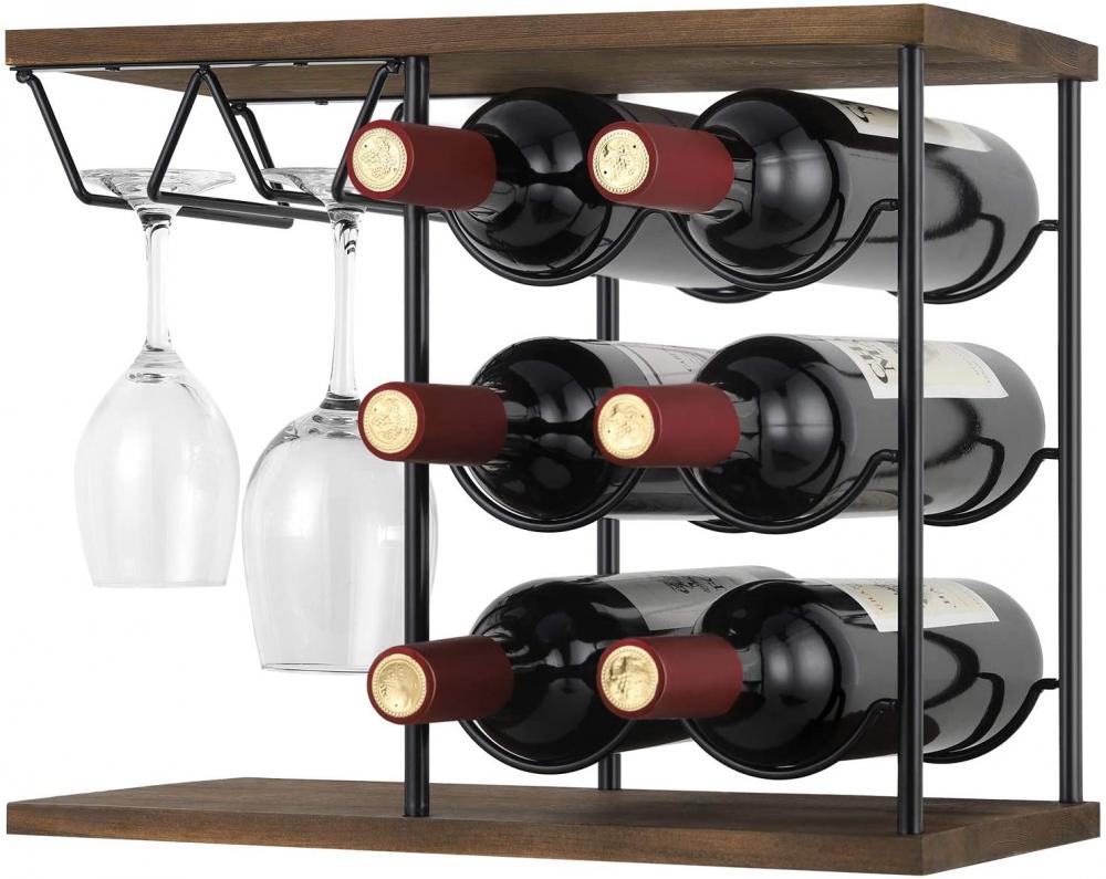 Wooden Wine Rack 6 Wine Bottles and 4-Glasses