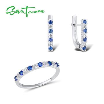 SANTUZZA 925 Sterling Silver Fashion Jewelry Set For Women Blue Nano Cubic Zirconia Ring Earrings Set Trendy Fine Jewelry Gift