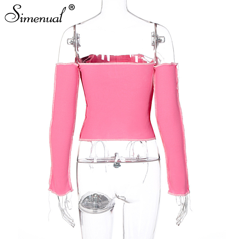 Simenual Patchwork Off Shoulder Tie Front Top for Women Long Sleeve Fall 2020 Fashion T Shirts Cropped Ribbed Pink Bodycon Tees