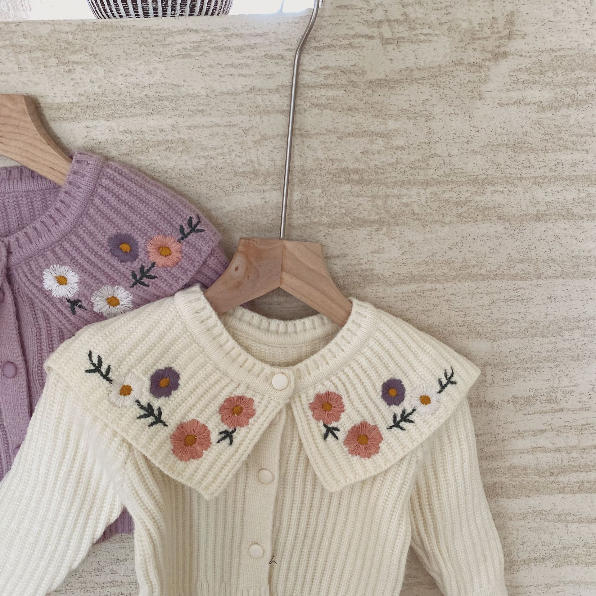 Autumn Winter Children's Long Sleeve Flower Embroidery Large Lapel Knitwear Girls Sweater Knit Cardigans Kids Outerwear Coat