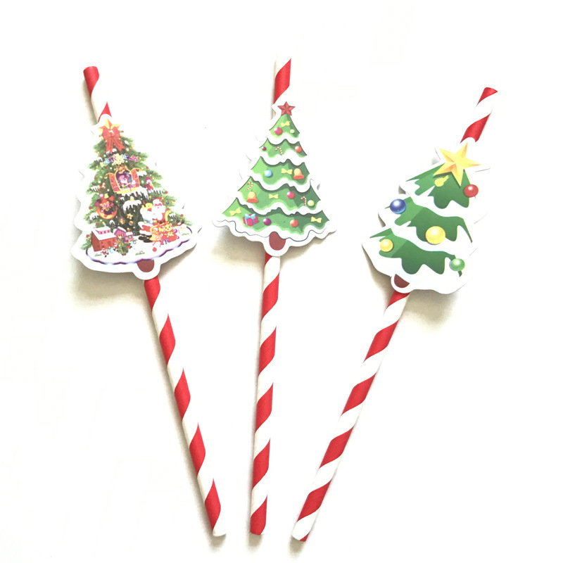 3Pcs Santa Claus Christmas Tree Paper Card Suction Tube Birthday Straws Baby Shower Kids Party Decorations Event Party Supplies