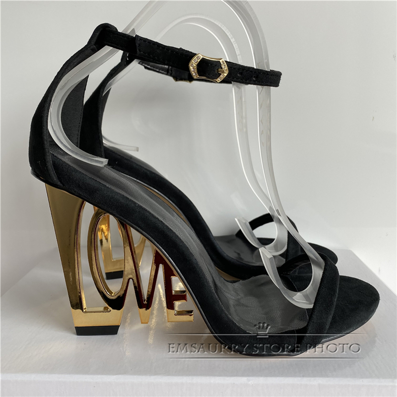 New Design Letter-Love Heel Gladiator Sandals Women Sexy One-strap Strange High Heels Fretwork Heel Summer Party Shoes