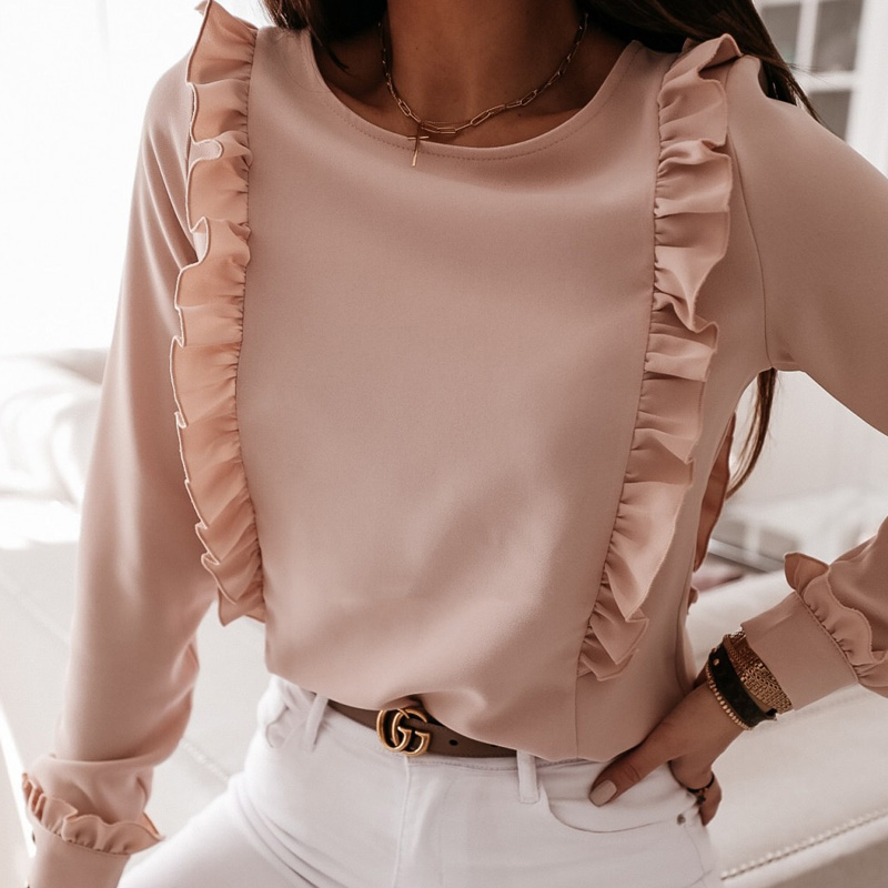 NORMOV Women Blouse Shirt Office Lady Vintage Pink Shirts Back Metal Buttons Tops Summer Casual O-Neck Long Sleeve Blusas Mujer