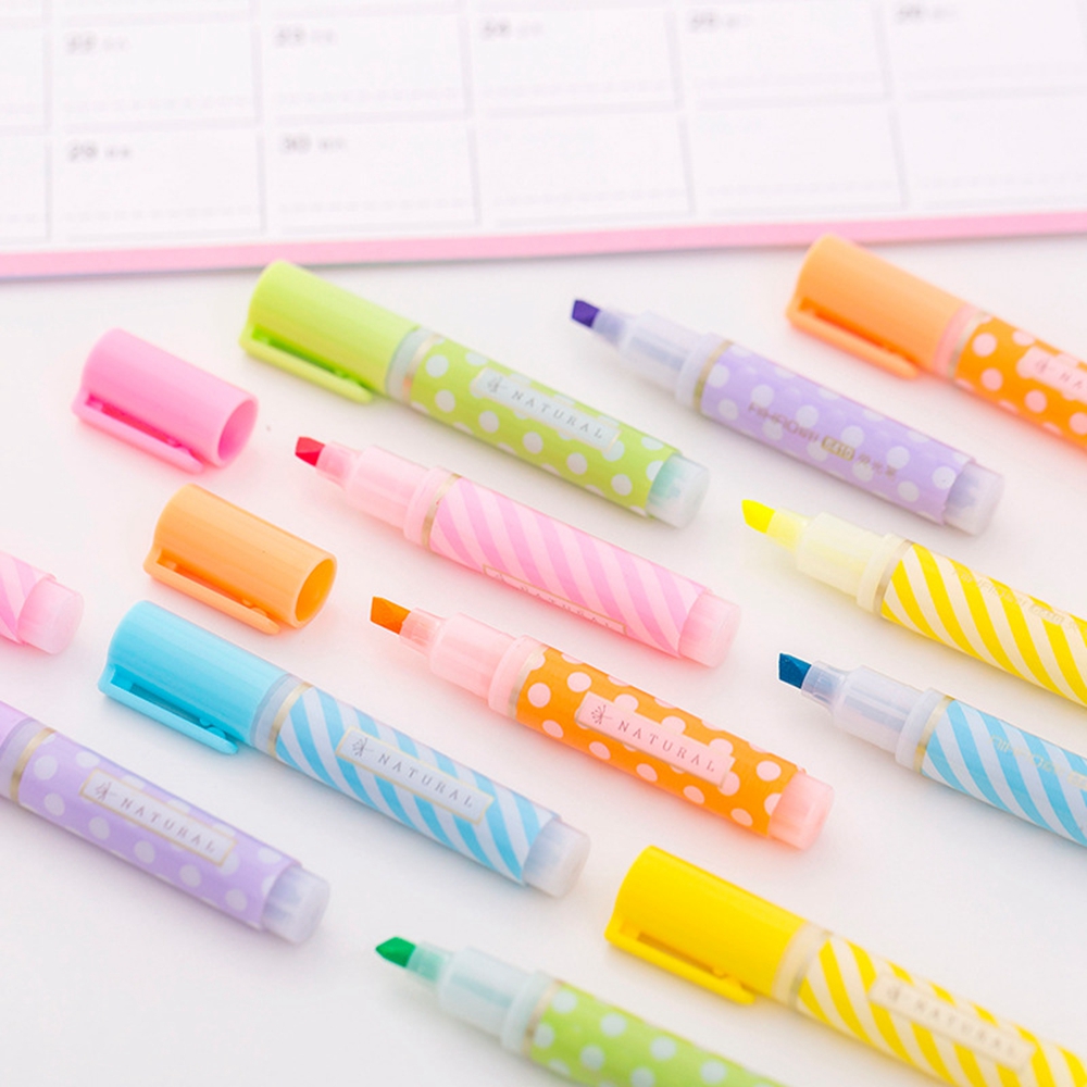 6 Pcs/lot Cute Dot Stripe Plastic Highlighters Kawaii Marker Pens Art Marker for Kids School Supplies Student Marker Pen