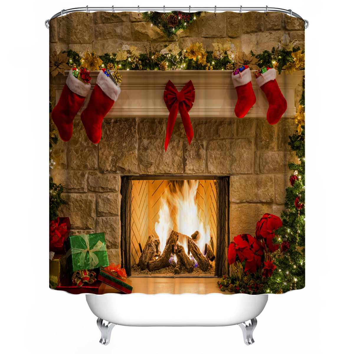 Merry Christmas Black Fire Bathroom Non-slip Mat Set Durable Waterproof Shower Curtain Set Rug Lid Toilet Cover Bath Mat Rugs