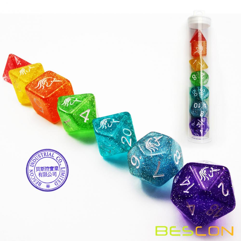Bescon Unicorns Rainbow Sparkled Polyhedral D&D Dice Set of 7 Colorful RPG Role Playing Game Dice 7pcs Set